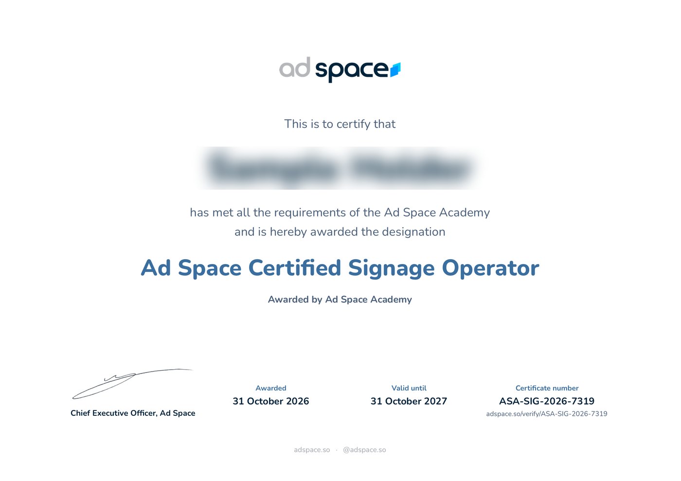 A sample Ad Space Certified Signage Operator certificate