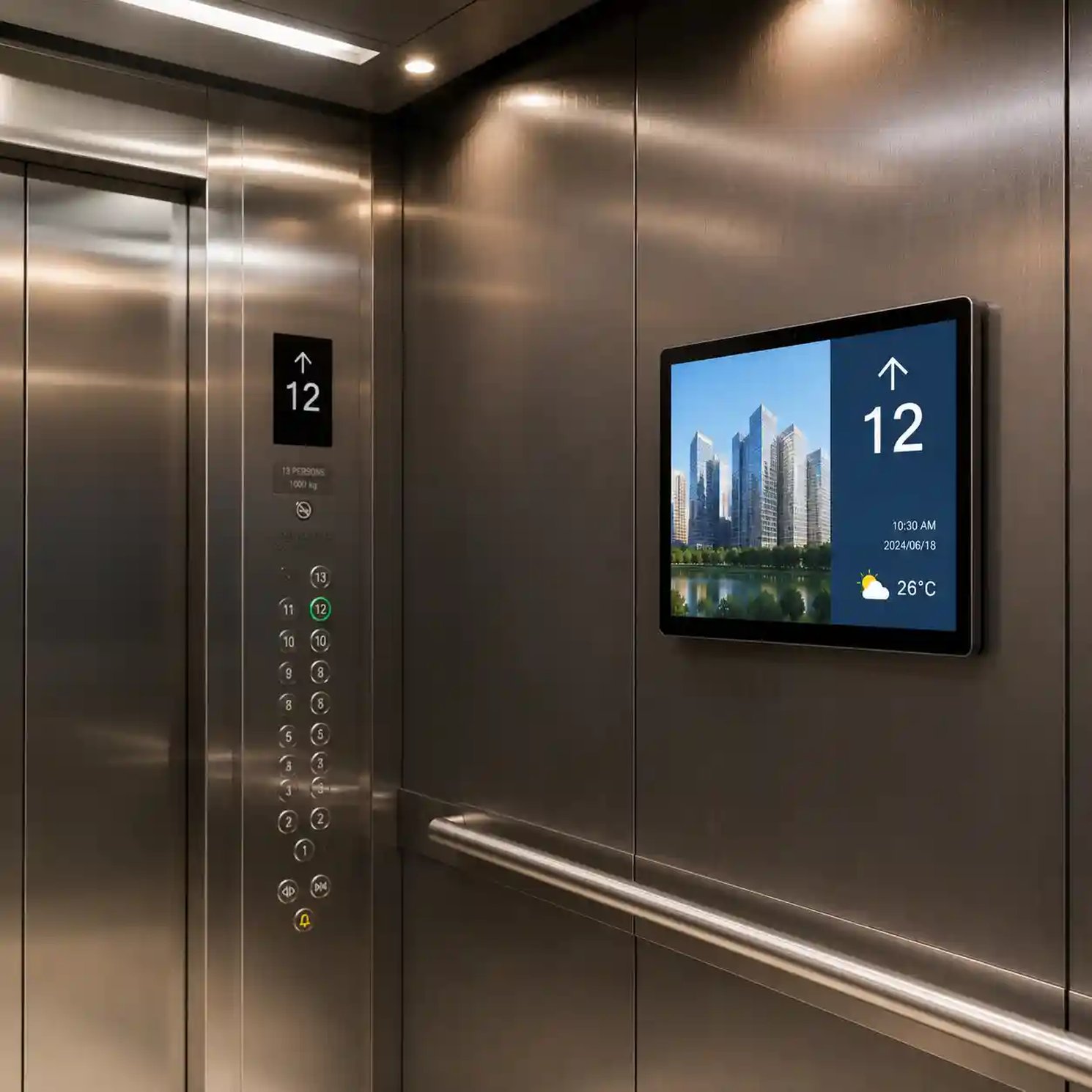A screen inside a lift showing the floor number, the time, the weather and a photo of city towers