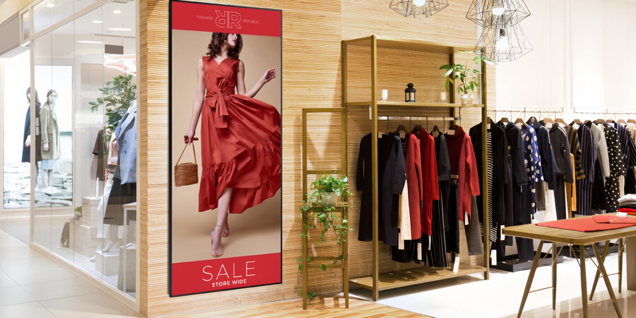 A tall wall screen showing a fashion ad and a store-wide sale, beside the clothing rails of a clothing store