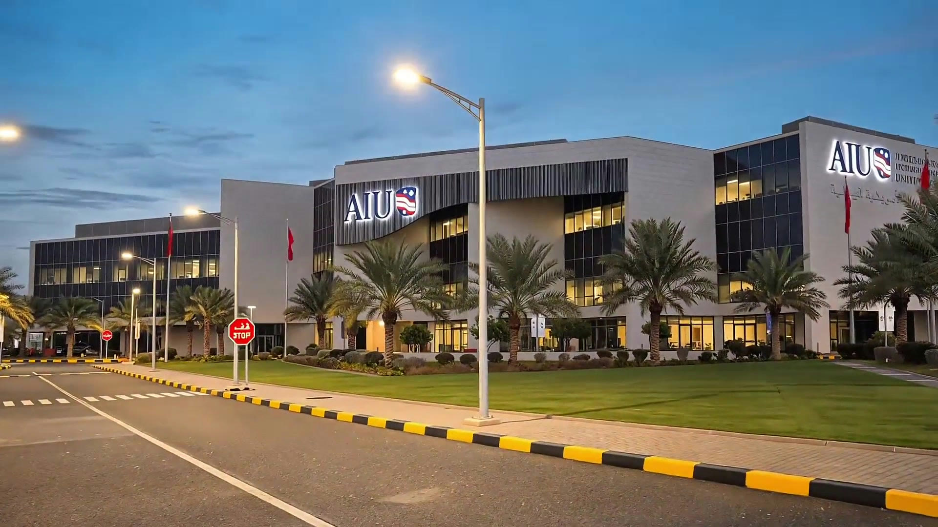AIU ad: the American International University campus at dusk, its buildings lit along a palm-lined road