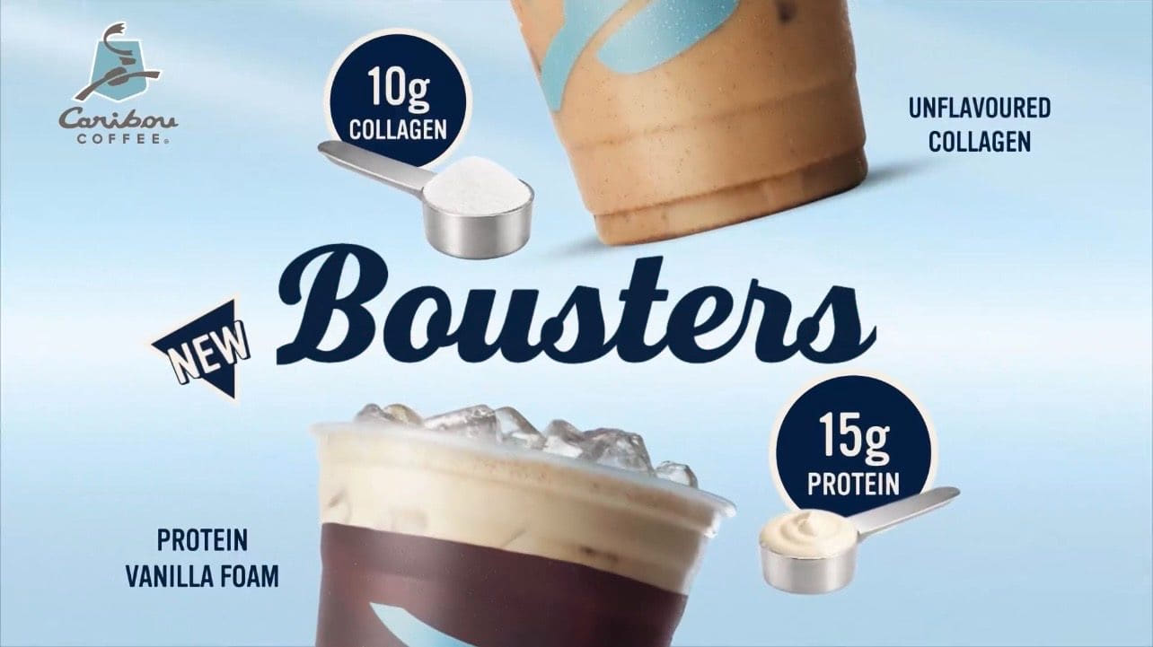 Caribou Coffee ad, landscape version: New Bousters from Caribou Coffee: Unflavoured Collagen and Protein Vanilla Foam.