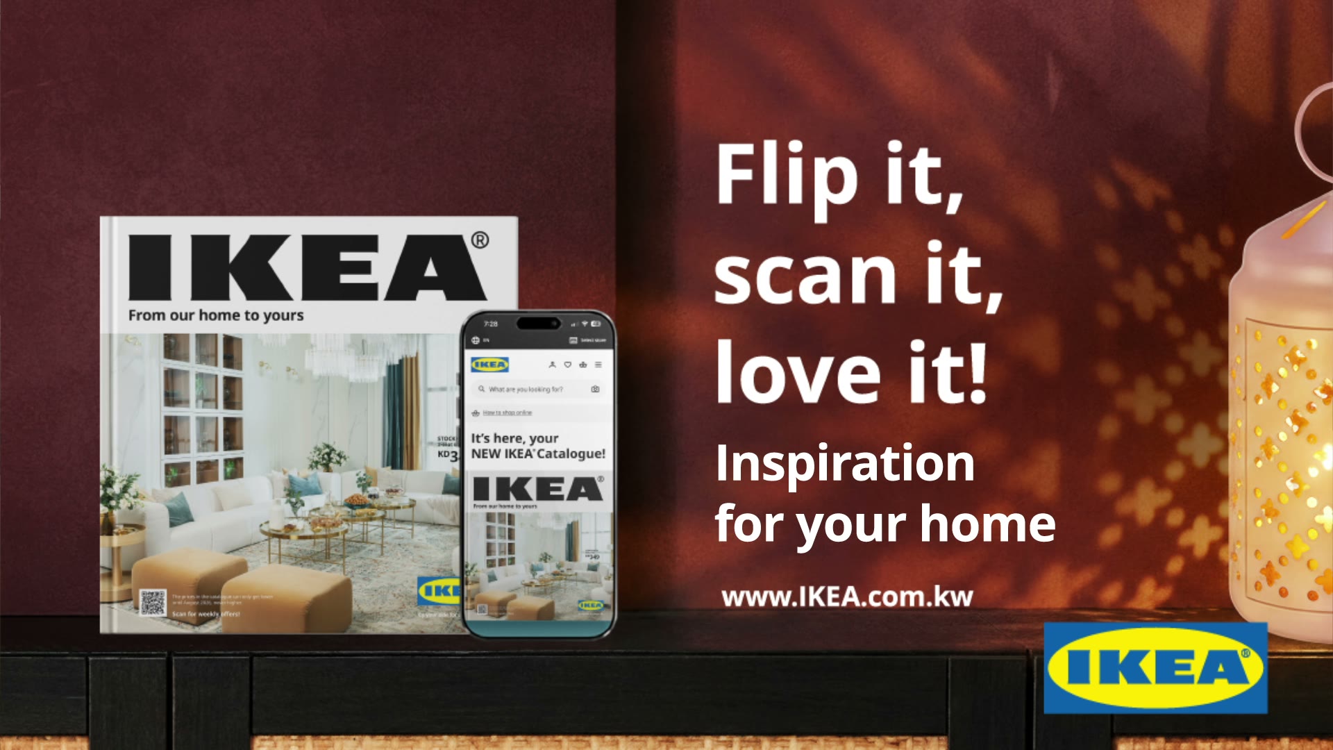 IKEA ad: the IKEA catalogue and a phone opening it, Flip it, scan it, love it, inspiration for your home, in Ramadan lantern light