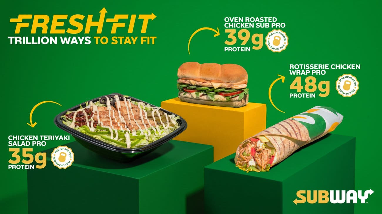 Subway ad, landscape version: "Fresh Fit. Trillion ways to stay fit." The Chicken Teriyaki Salad Pro, the Oven Roasted Chicken Sub Pro and the Rotisserie Chicken Wrap Pro on green and yellow plinths, each with its protein content and a "Full of protein" badge, and the Subway logo